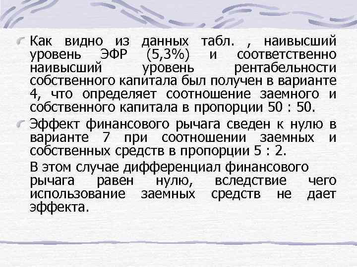 Как видно из данных табл. , наивысший уровень ЭФР (5, 3%) и соответственно наивысший