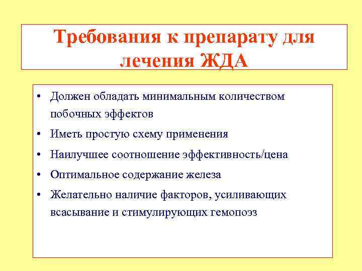 Требования к препарату для лечения ЖДА • Должен обладать минимальным количеством побочных эффектов •