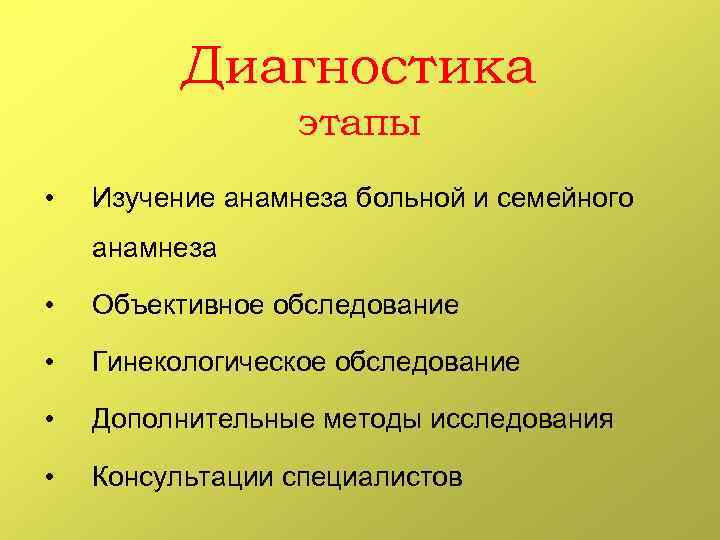 Диагностика этапы • Изучение анамнеза больной и семейного анамнеза • Объективное обследование • Гинекологическое