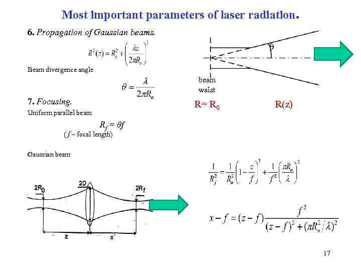 Most important parameters of laser radiation. 6. Propagation of Gaussian beams. Beam divergence angle