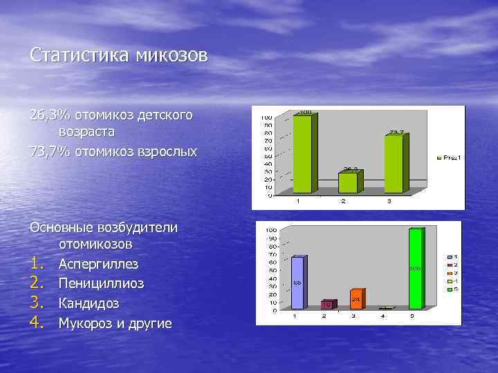 Статистика микозов 26, 3% отомикоз детского возраста 73, 7% отомикоз взрослых Основные возбудители отомикозов