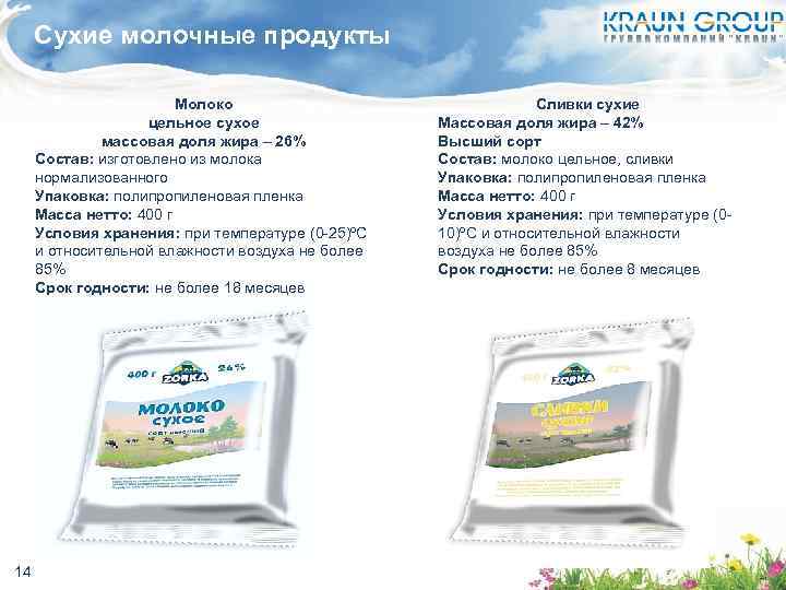 Сухие молочные продукты Молоко цельное сухое массовая доля жира – 26% Состав: изготовлено из