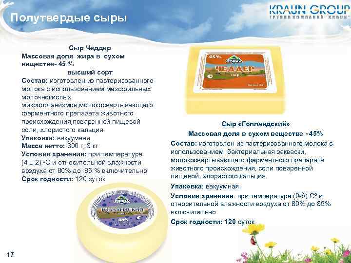 Полутвердые сыры Сыр Чеддер Массовая доля жира в сухом веществе- 45 % высший сорт