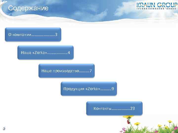Содержание О компании…………………. . 3 Наша «Zorka» ………………. . 4 Наше производство………. 7 Продукция