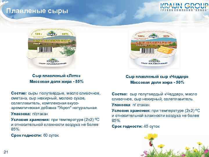 Плавленые сыры Сыр плавленый «Лето» Массовая доля жира - 55% Состав: сыры полутвердые, масло