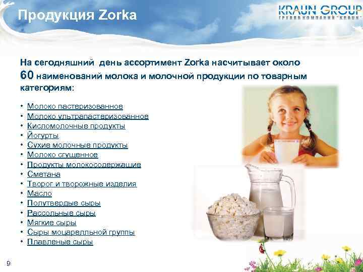 Продукция Zorka На сегодняшний день ассортимент Zorka насчитывает около 60 наименований молока и молочной