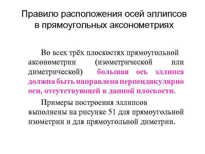 Правило расположения осей эллипсов в прямоугольных аксонометриях Во всех трёх плоскостях прямоугольной аксонометрии (изометрической