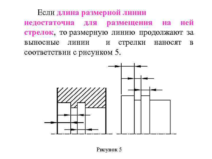Если длина размерной линии недостаточна для размещения на ней стрелок, то размерную линию продолжают
