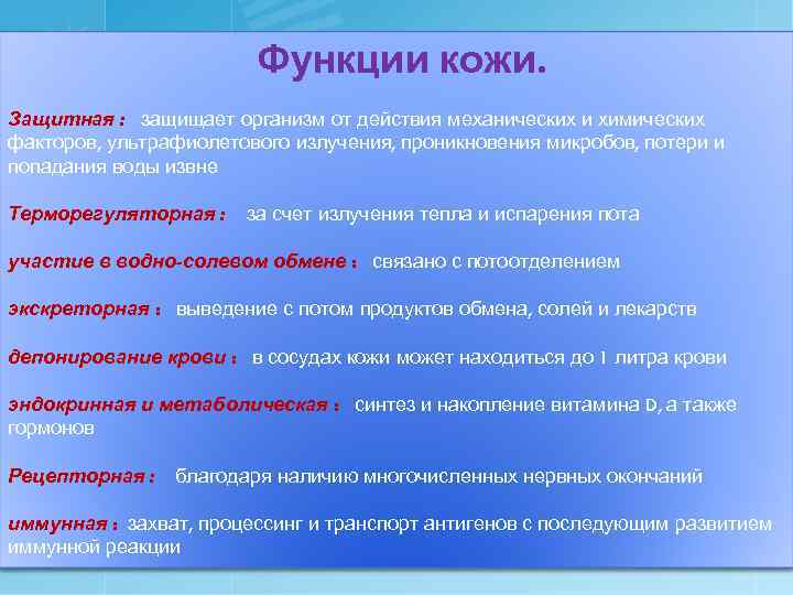 Функции кожи. Защитная : защищает организм от действия механических и химических факторов, ультрафиолетового излучения,