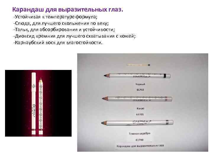 Карандаш для выразительных глаз. -Устойчивая к температуре формула; -Слюда, для лучшего скольжения по веку;