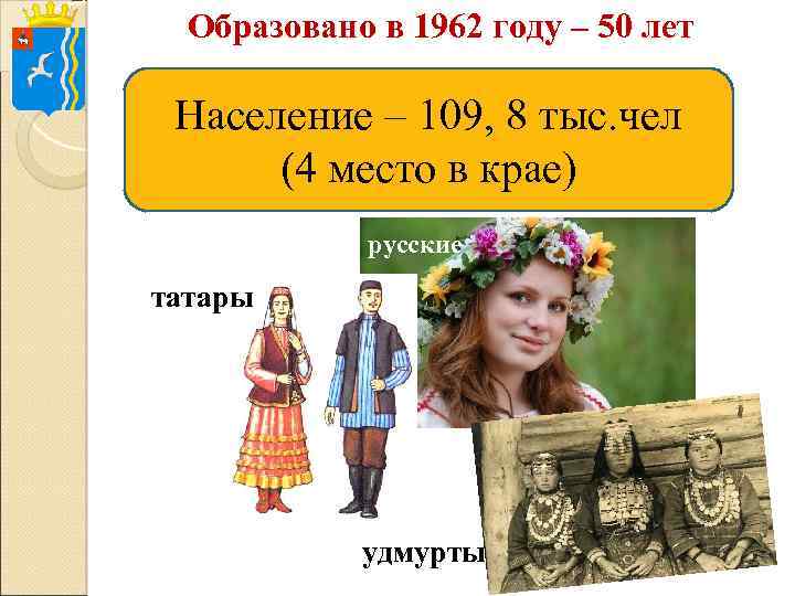 Образовано в 1962 году – 50 лет Население – 109, 8 тыс. чел (4