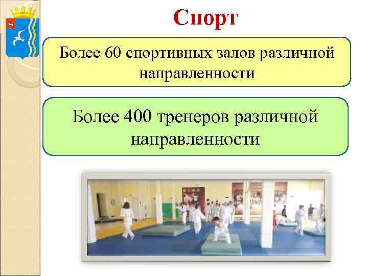 Спорт Более 60 спортивных залов различной направленности Более 400 тренеров различной направленности 