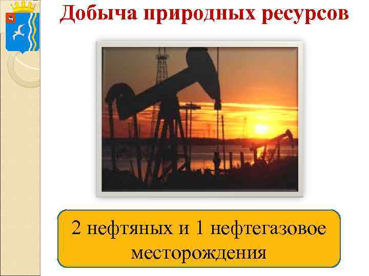Добыча природных ресурсов 2 нефтяных и 1 нефтегазовое месторождения 