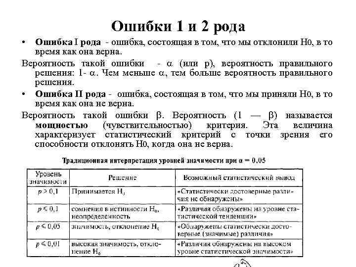 Ошибки 1 и 2 рода • Ошибка I рода ошибка, состоящая в том, что