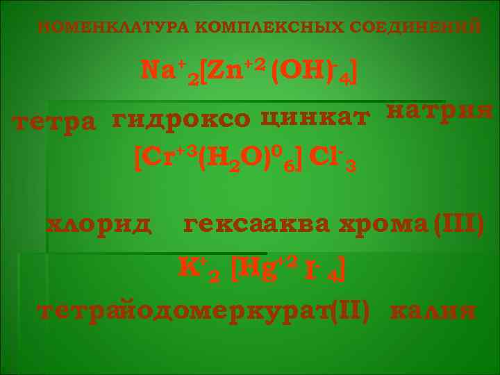 НОМЕНКЛАТУРА КОМПЛЕКСНЫХ СОЕДИНЕНИЙ Na+2[Zn+2 (OH)-4] гидроксо цинкат натрия тетра [Cr+3(H 2 O)06] Cl-3 хлорид