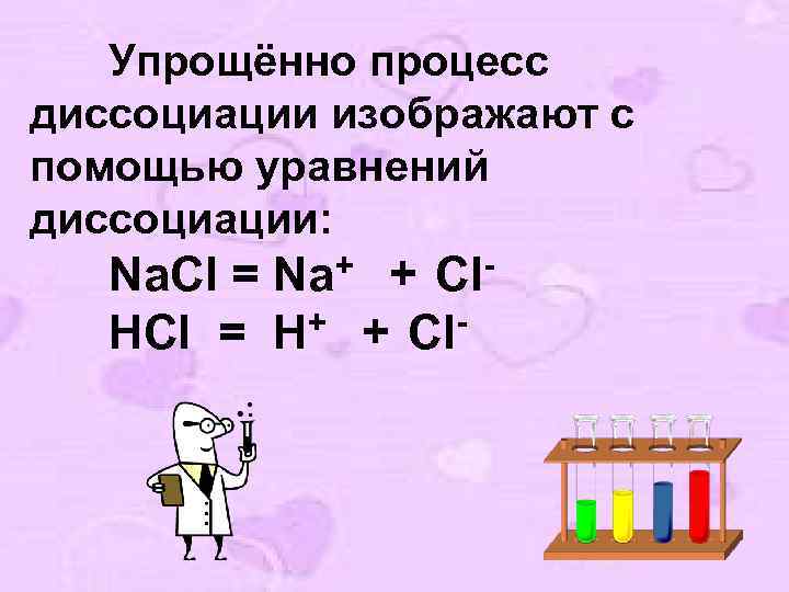 Упрощённо процесс диссоциации изображают с помощью уравнений диссоциации: + Na Cl Na. Cl =