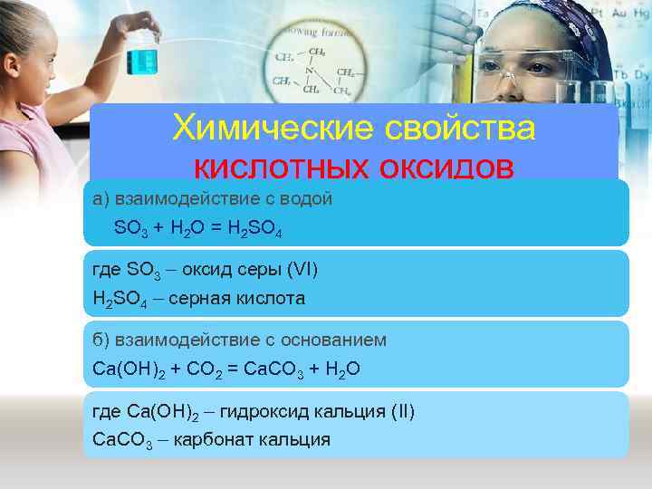 Химические свойства кислотных оксидов а) взаимодействие с водой SO 3 + H 2 O