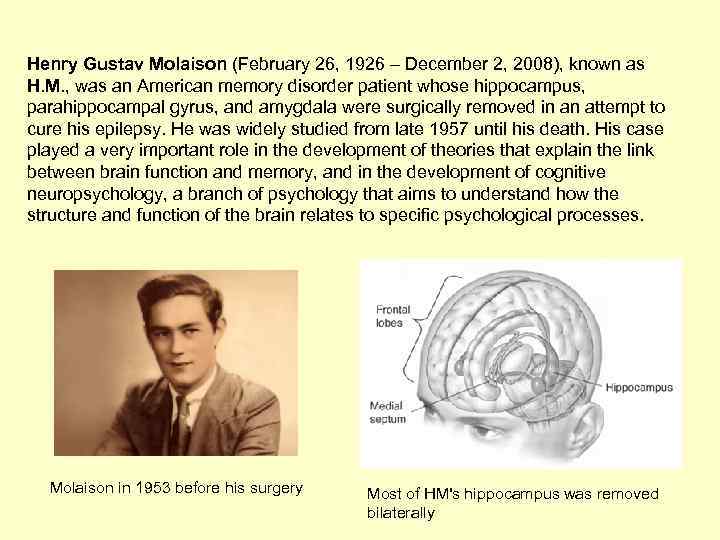 Henry Gustav Molaison (February 26, 1926 – December 2, 2008), known as H. M.