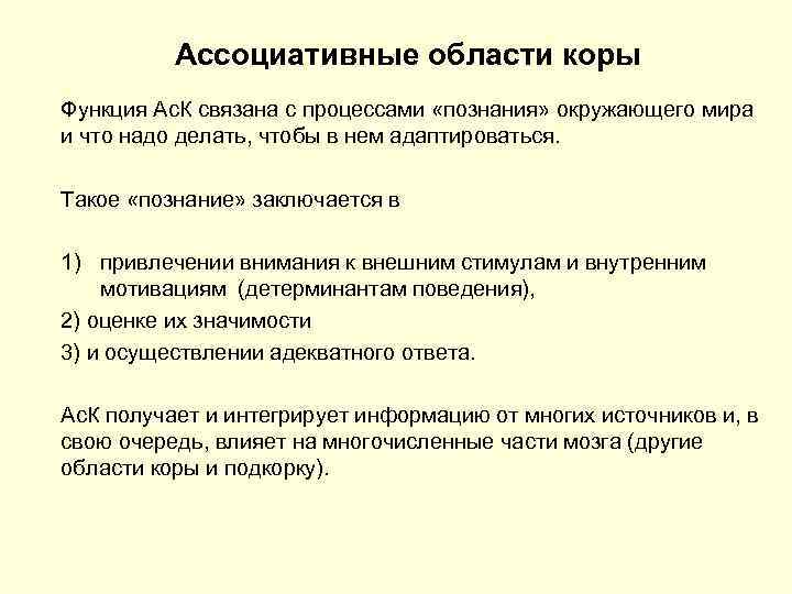 Ассоциативные области коры Функция Ас. К связана с процессами «познания» окружающего мира и что