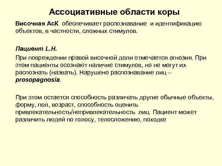 Ассоциативные области коры Височная Ас. К обеспечивает распознавание и идентификацию объектов, в частности, сложных