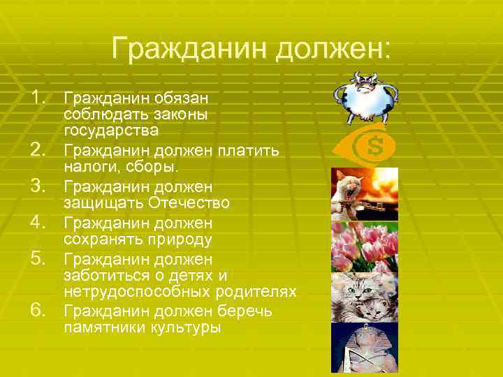 Гражданин должен: 1. Гражданин обязан 2. 3. 4. 5. 6. соблюдать законы государства Гражданин