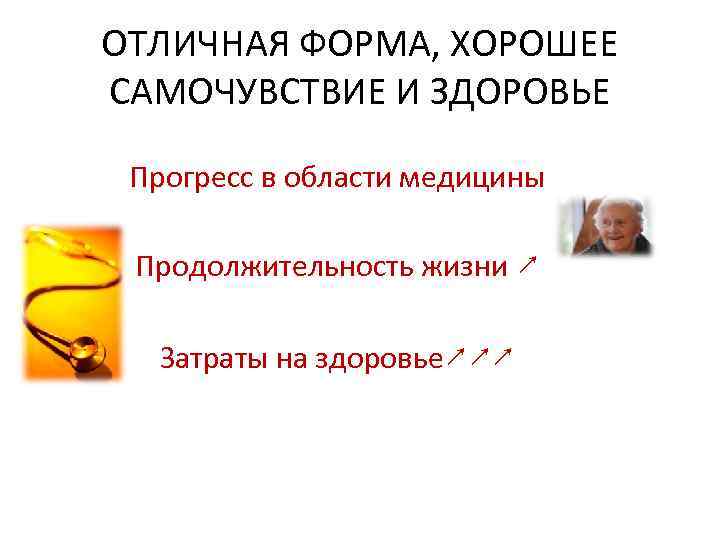 ОТЛИЧНАЯ ФОРМА, ХОРОШЕЕ САМОЧУВСТВИЕ И ЗДОРОВЬЕ Прогресс в области медицины Продолжительность жизни ↗ Затраты