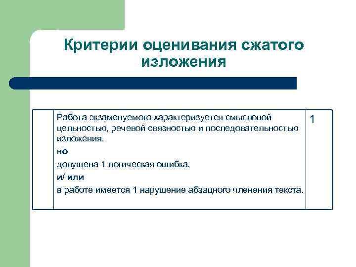 Критерии оценивания сжатого изложения Работа экзаменуемого характеризуется смысловой цельностью, речевой связностью и последовательностью изложения,