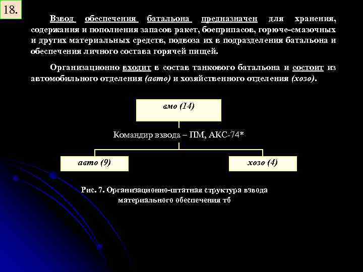 18. Взвод обеспечения батальона предназначен для хранения, содержания и пополнения запасов ракет, боеприпасов, горюче-смазочных