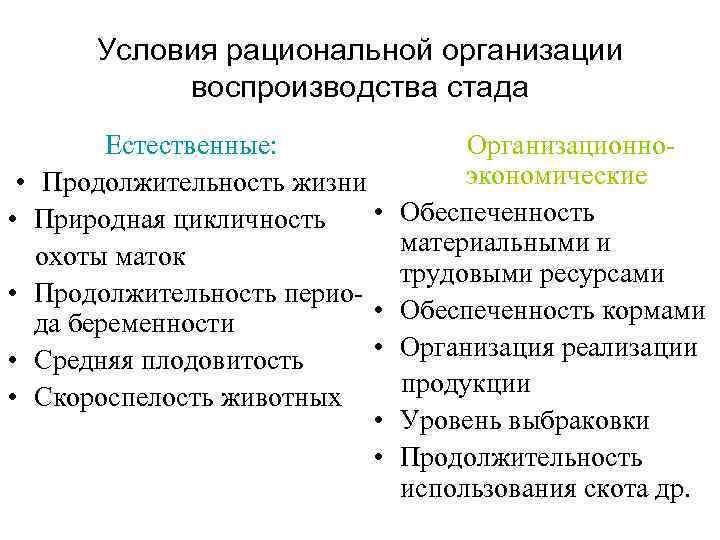 Условия рациональной организации воспроизводства стада • • • Естественные: Продолжительность жизни • Природная цикличность