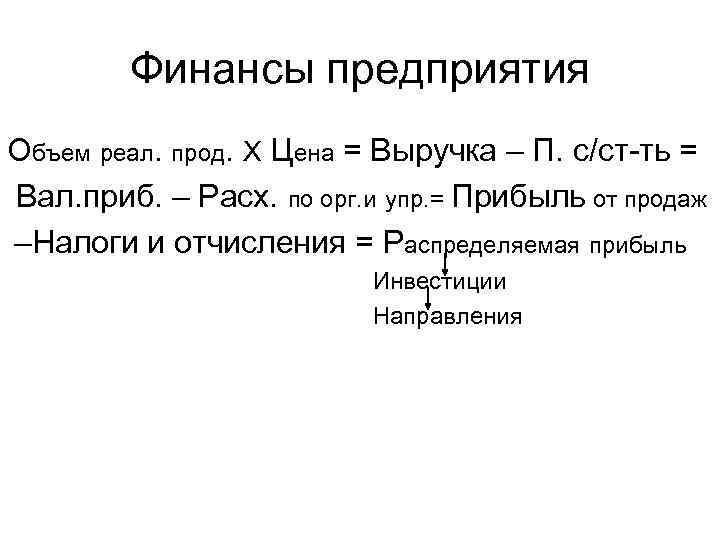 Финансы предприятия Объем реал. прод. Х Цена = Выручка – П. с/ст-ть = Вал.