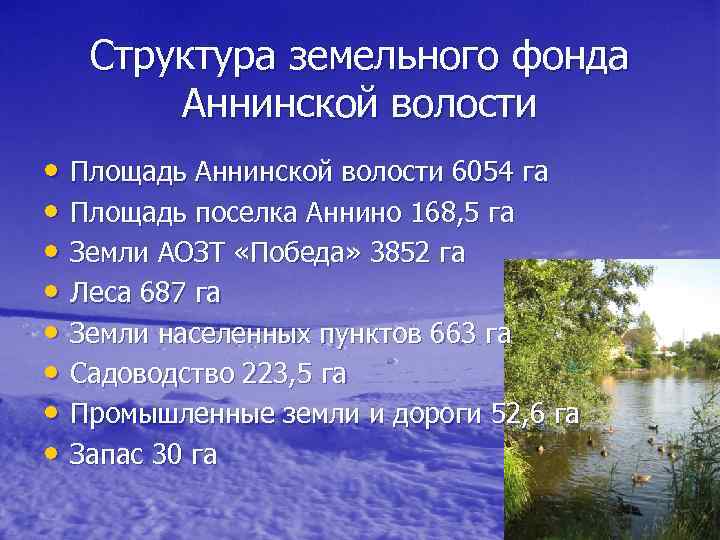 Структура земельного фонда Аннинской волости • Площадь Аннинской волости 6054 га • Площадь поселка