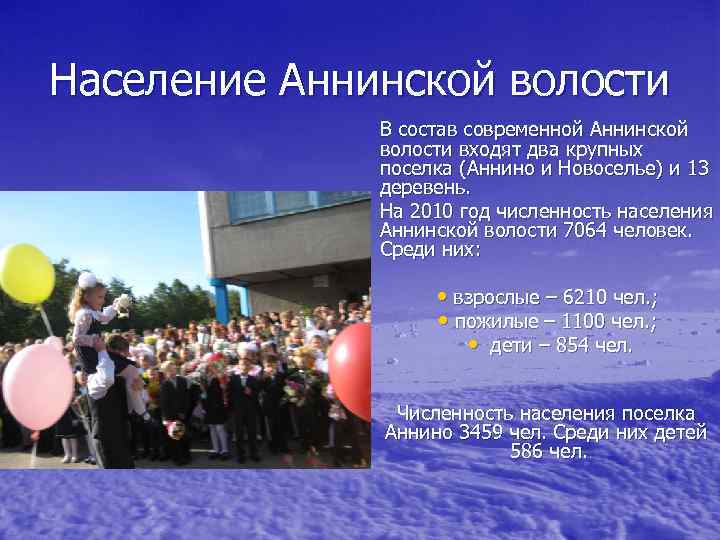Население Аннинской волости В состав современной Аннинской волости входят два крупных поселка (Аннино и