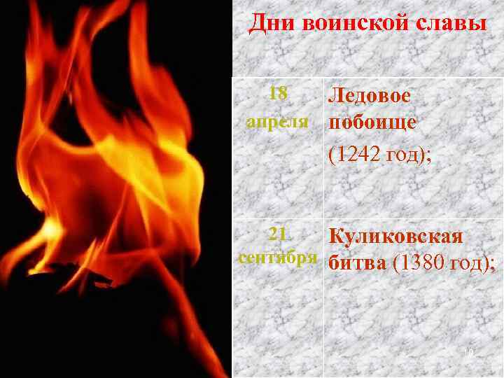 Дни воинской славы 18 Ледовое апреля побоище (1242 год); 21 Куликовская сентября битва (1380