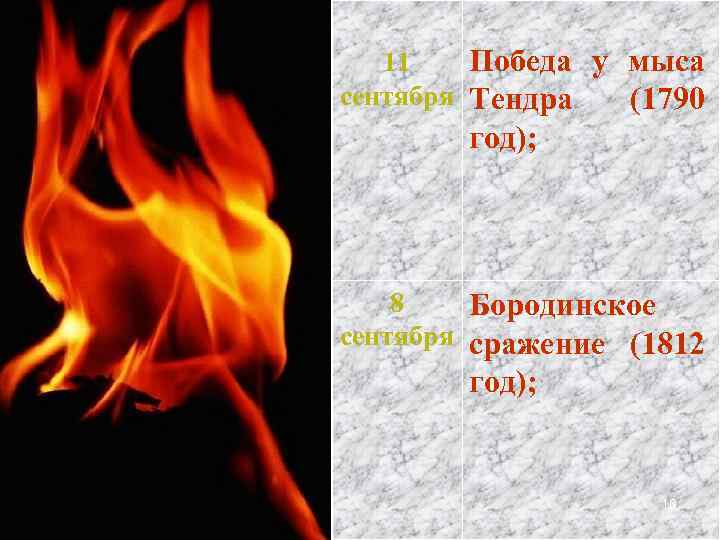 11 Победа у мыса сентября Тендра (1790 год); 8 Бородинское сентября сражение (1812 год);