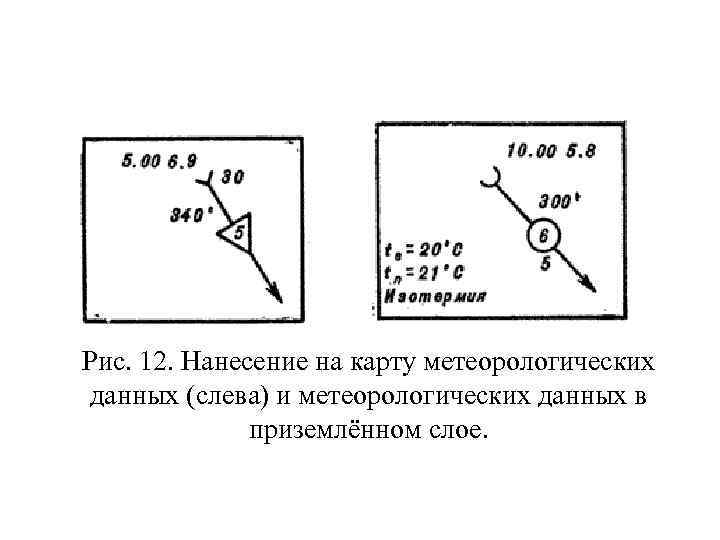 Рис. 12. Нанесение на карту метеорологических данных (слева) и метеорологических данных в приземлённом слое.