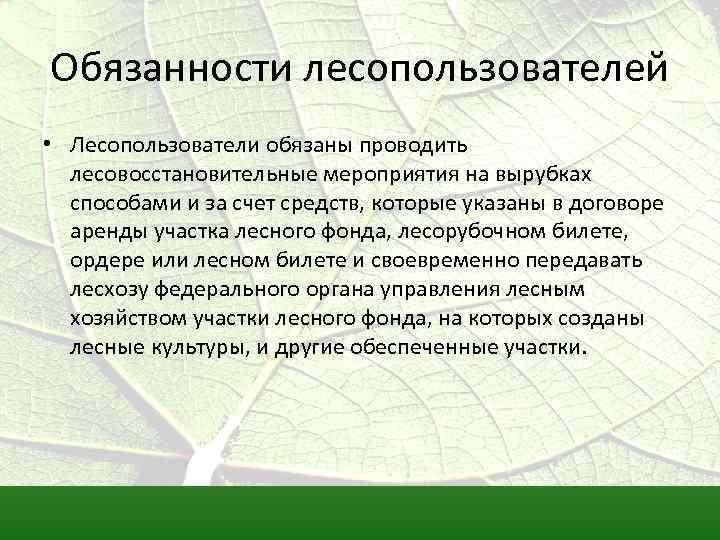 Обязанности лесопользователей • Лесопользователи обязаны проводить лесовосстановительные мероприятия на вырубках способами и за счет
