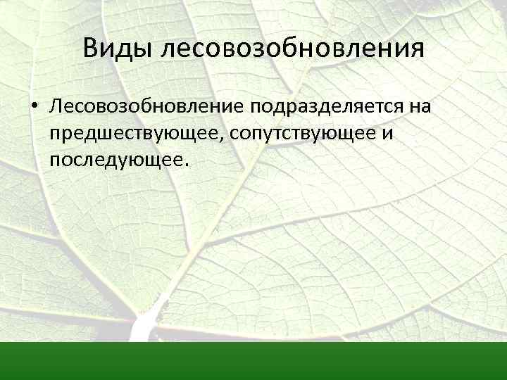 Виды лесовозобновления • Лесовозобновление подразделяется на предшествующее, сопутствующее и последующее. 