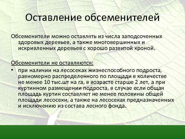 Оставление обсеменителей Обсеменители можно оставлять из числа заподсоченных здоровых деревьев, а также многовершинных и