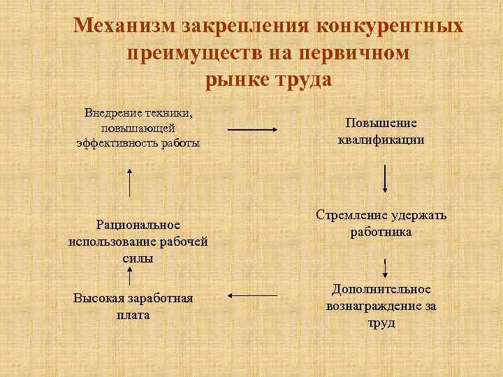 Механизм закрепления конкурентных преимуществ на первичном рынке труда Внедрение техники, повышающей эффективность работы Рациональное