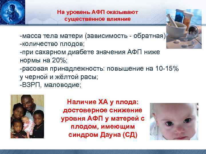 На уровень АФП оказывают существенное влияние -масса тела матери (зависимость - обратная); -количество плодов;