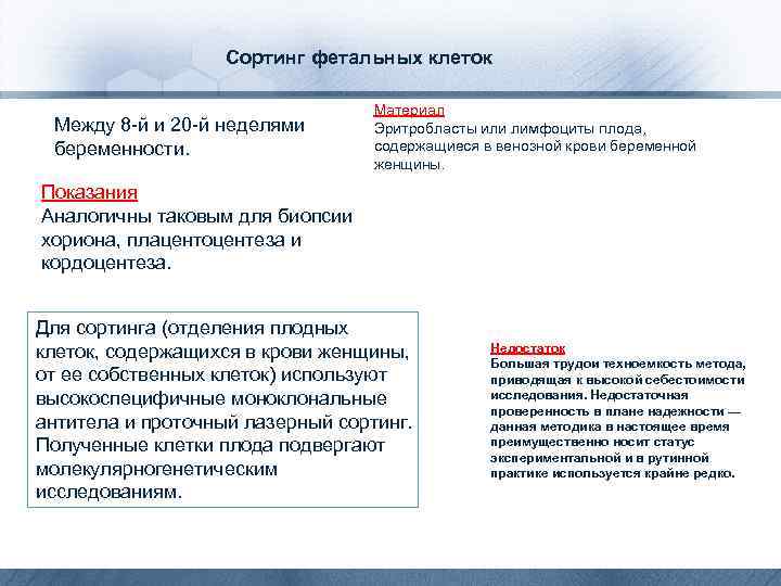 Сортинг фетальных клеток Между 8 -й и 20 -й неделями беременности. Материал Эритробласты или