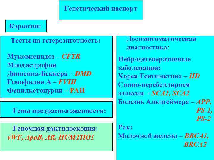 Генетический паспорт Кариотип Тесты на гетерозиготность: Муковисцидоз – CFTR Миодистрофия Дюшенна-Беккера – DMD Гемофилия