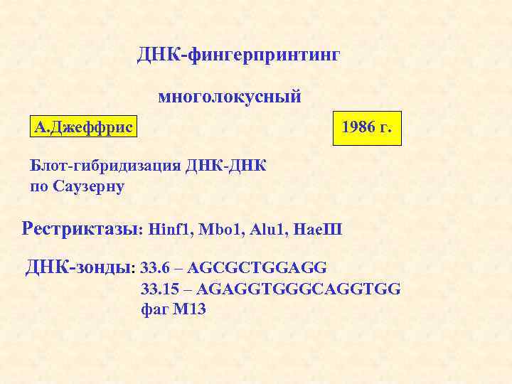 ДНК-фингерпринтинг многолокусный А. Джеффрис 1986 г. Блот-гибридизация ДНК-ДНК по Саузерну Рестриктазы: Hinf 1, Mbo