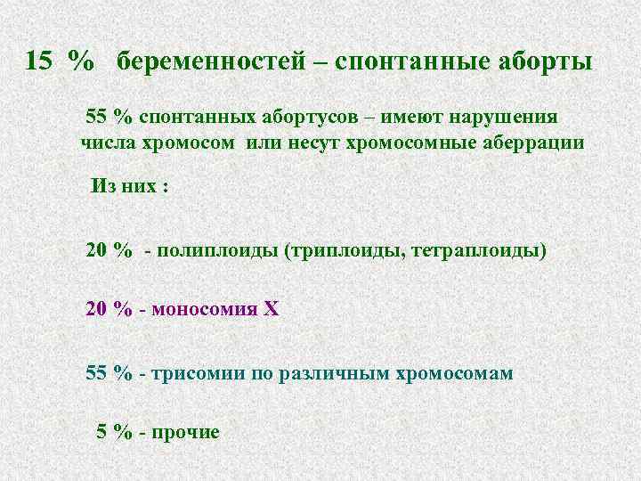 15 % беременностей – спонтанные аборты 55 % спонтанных абортусов – имеют нарушения числа