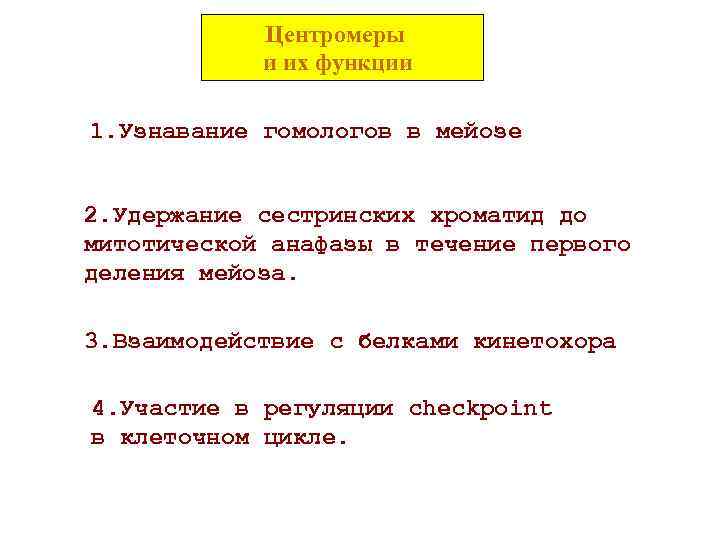 Центромеры и их функции 1. Узнавание гомологов в мейозе 2. Удержание сестринских хроматид до