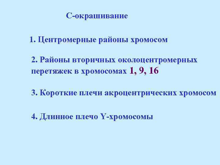 С-окрашивание 1. Центромерные районы хромосом 2. Районы вторичных околоцентромерных перетяжек в хромосомах 1, 9,