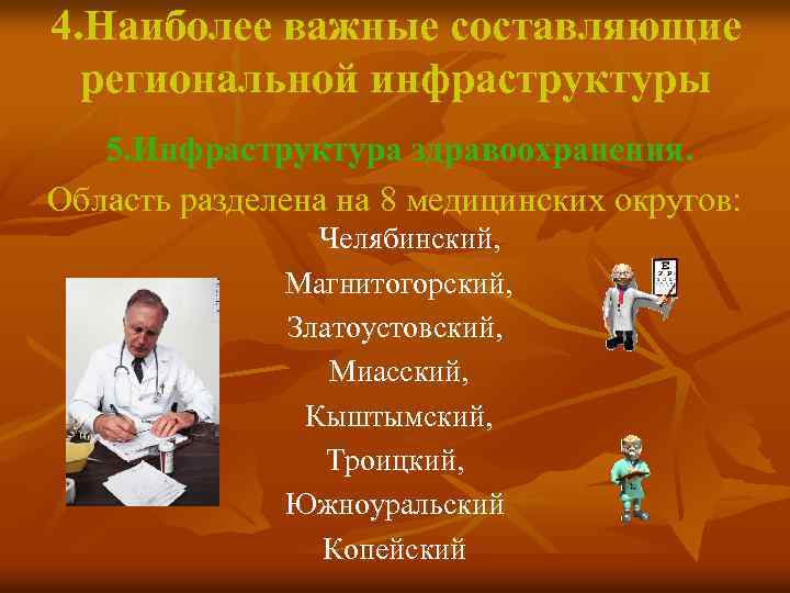 4. Наиболее важные составляющие региональной инфраструктуры 5. Инфраструктура здравоохранения. Область разделена на 8 медицинских