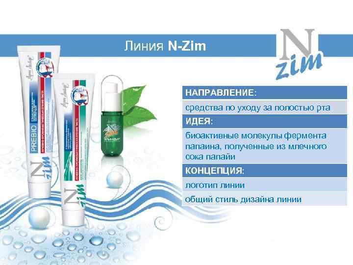 Линия N-Zim НАПРАВЛЕНИЕ: средства по уходу за полостью рта ИДЕЯ: биоактивные молекулы фермента папаина,