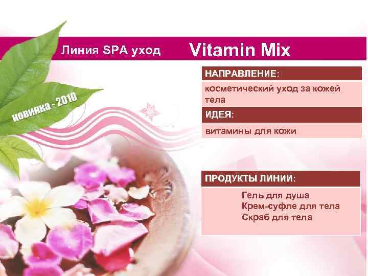 Линия SPA уход Vitamin Mix НАПРАВЛЕНИЕ: косметический уход за кожей тела ИДЕЯ: витамины для