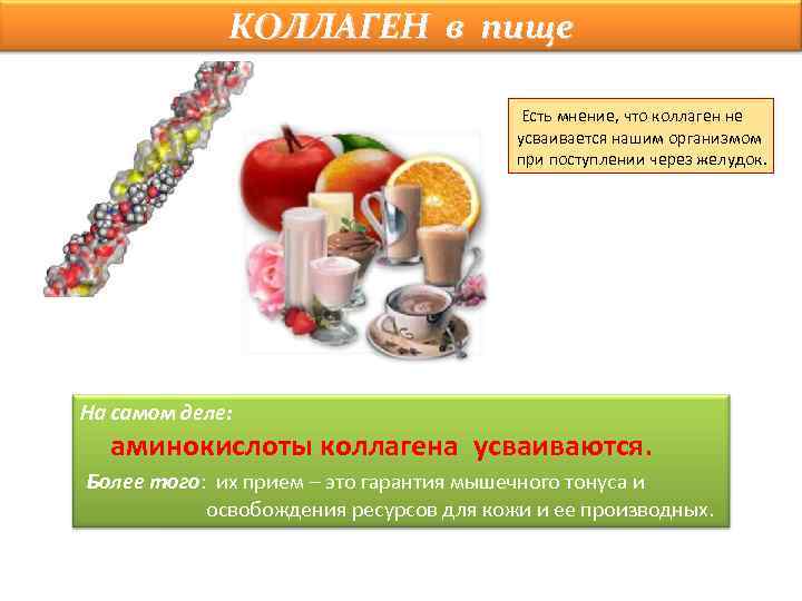 КОЛЛАГЕН в пище Есть мнение, что коллаген не усваивается нашим организмом при поступлении через
